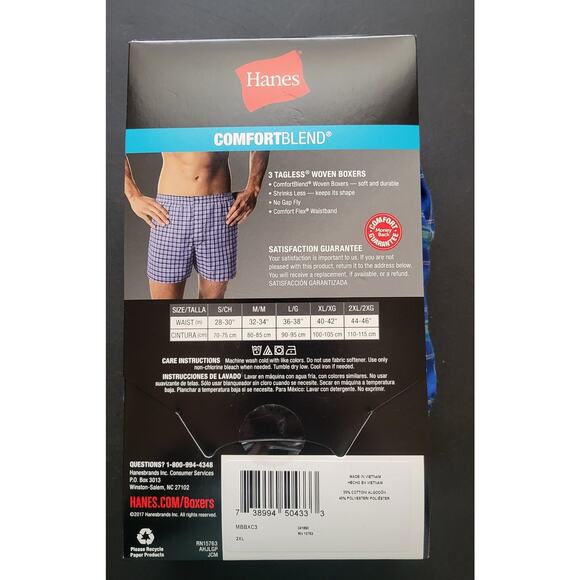 Hanes Tagless Woven Boxers - Blue Plaid - 2XL (44-46) - 3 Pack - Picture 2 of 6